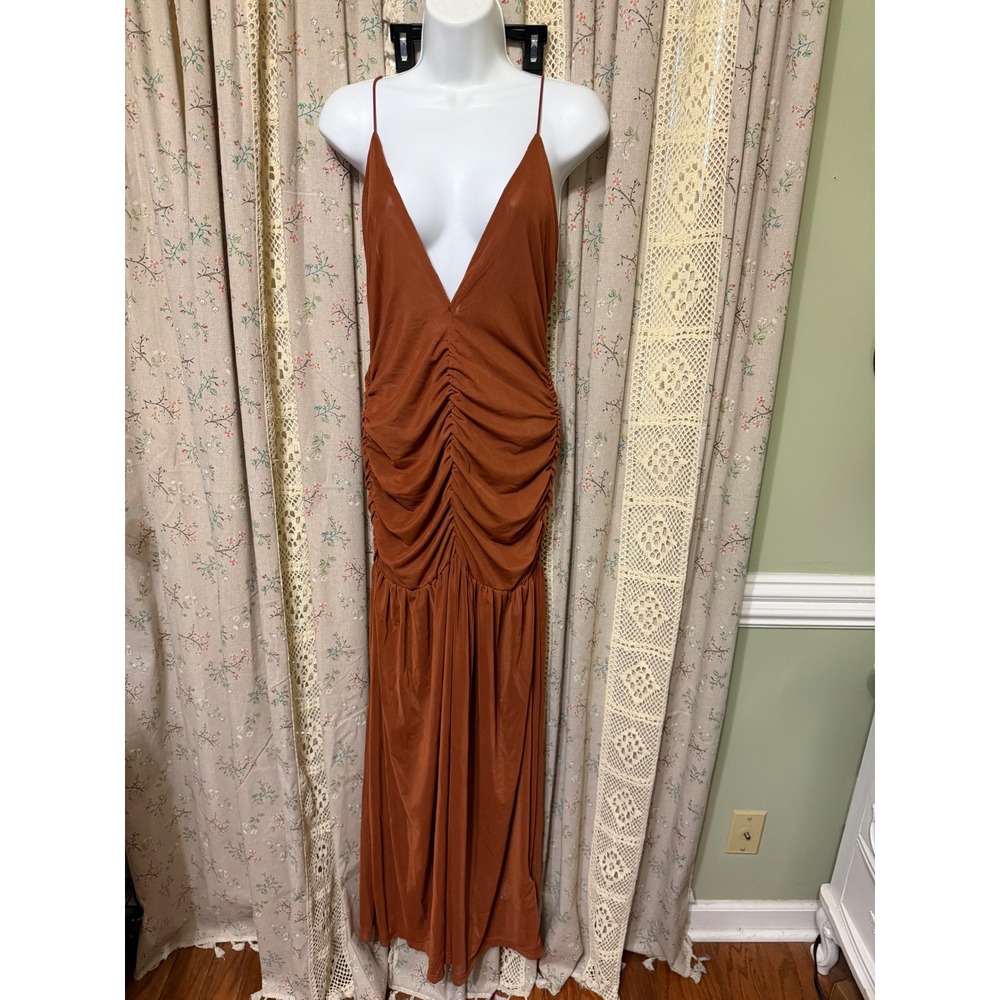 MUSERA NWT Rust Brown Ruched Plunge Neck Maxi Dress Size L